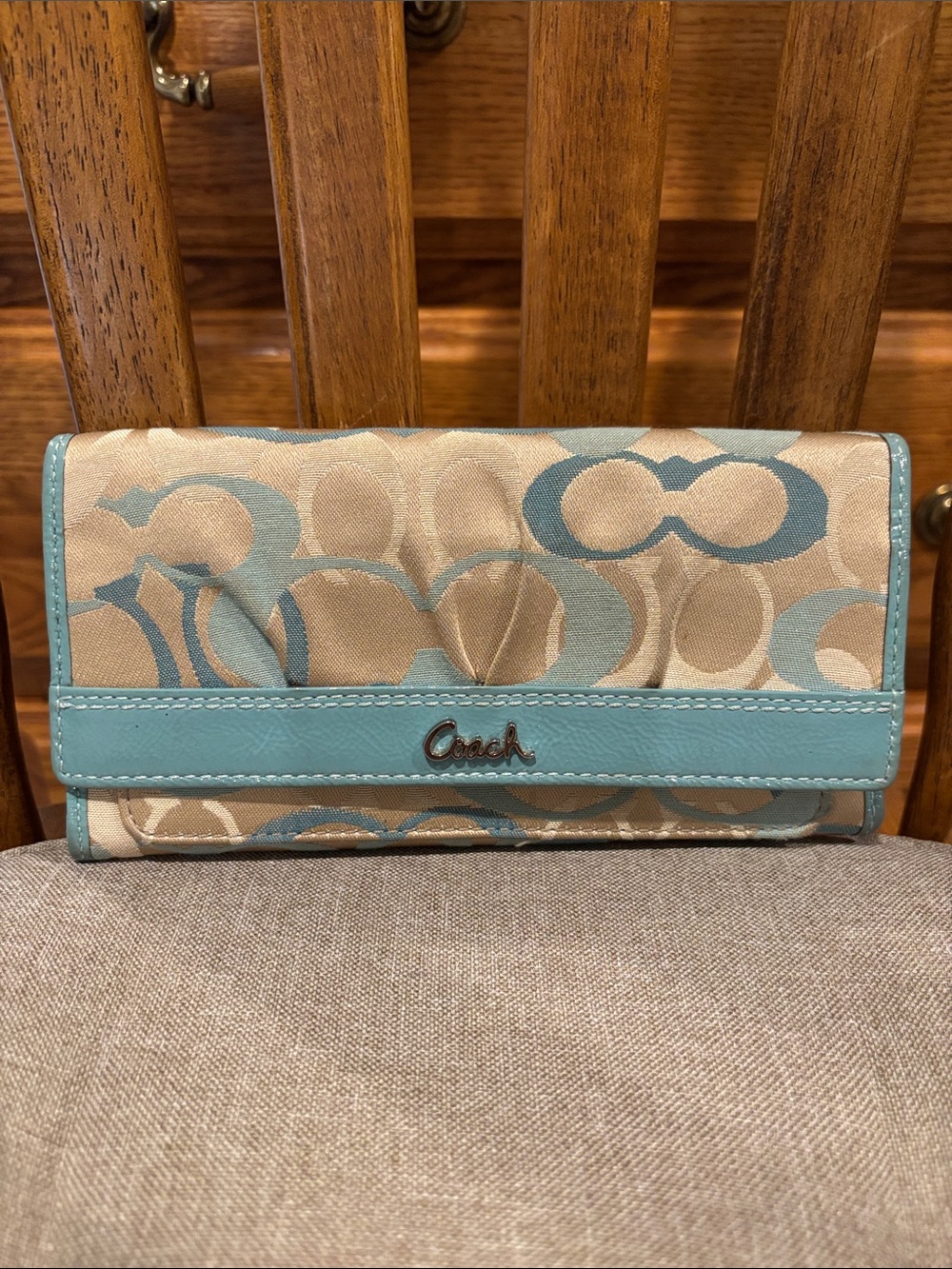 Coach Beige Canvas Wallet with Light Blue Trim